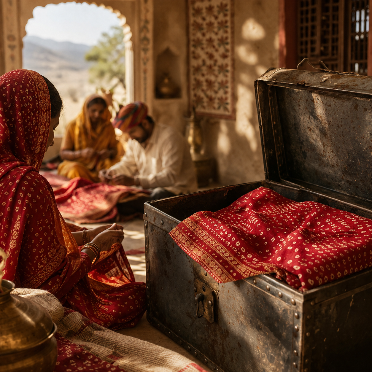 Artisans tying bandhani knots by hand